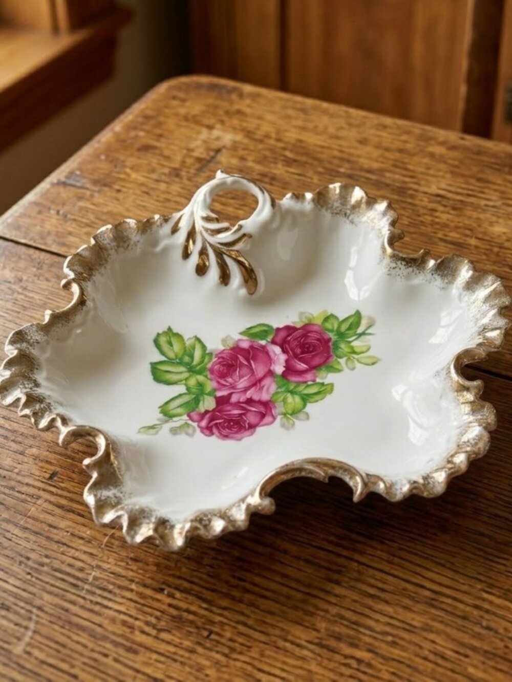 Vintage Ucagco Ceramics Japan Pink Rose Candy Dish Fluted Leaf Shaded Gold Edge